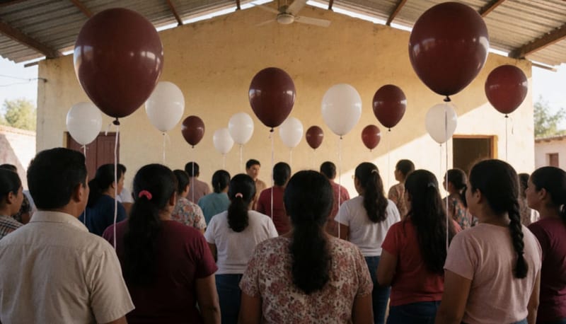 Salón con una multitud vista de espaldas y globos de colores guinda y blanco