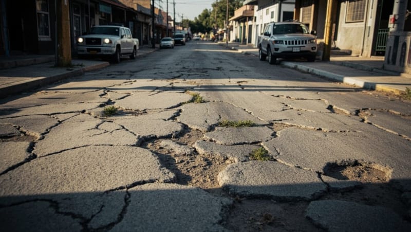 Calle deteriorada con baches y falta de mantenimiento en zona urbana de Camargo