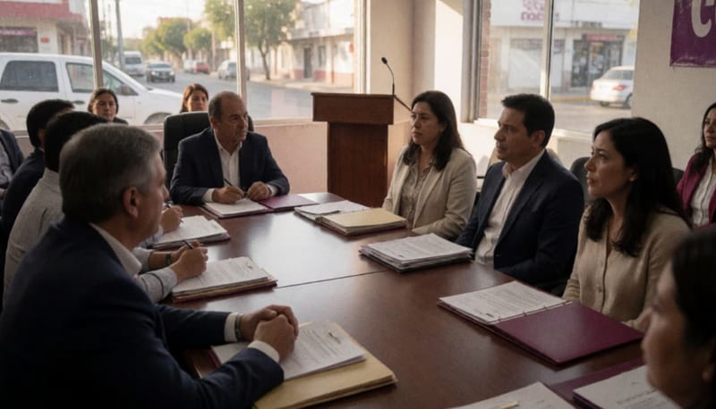 Profesionales en reunión alrededor de una mesa de conferencias en oficina de partido político