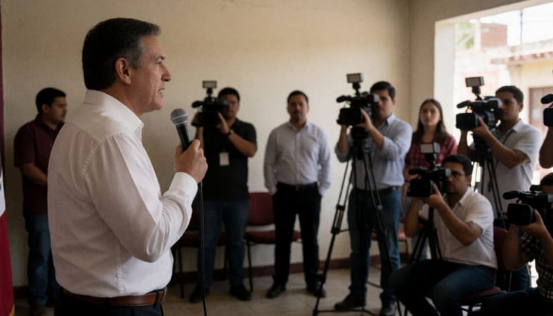 Aspirante político brindando conferencia de prensa ante reporteros y cámaras