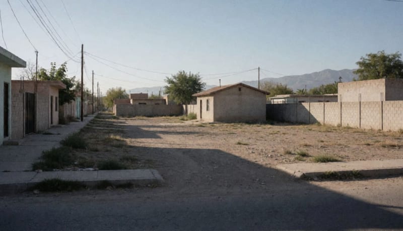 Fraccionamiento residencial con viviendas y lotes vacíos en zona de Cuauhtémoc bajo la luz del atardecer