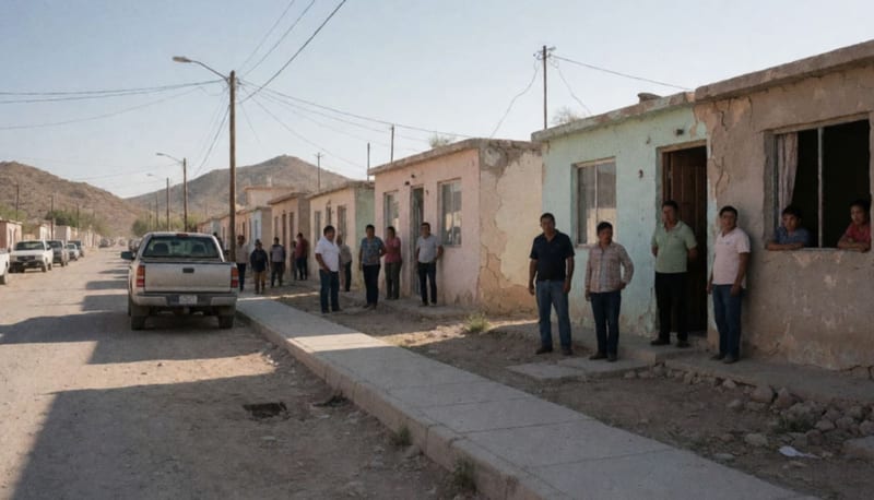Casas residenciales ocupadas en un fraccionamiento del estado, con familias en los patios frontales y cerros desérticos al fondo