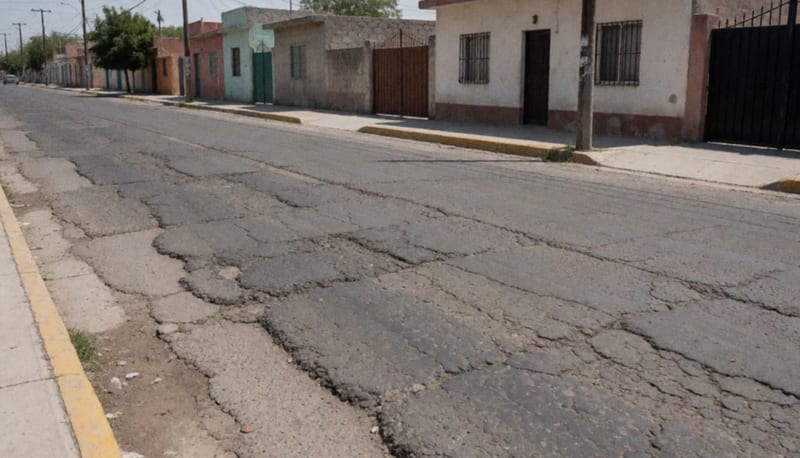 Calle con pavimento deteriorado y múltiples parches en una zona residencial de Camargo