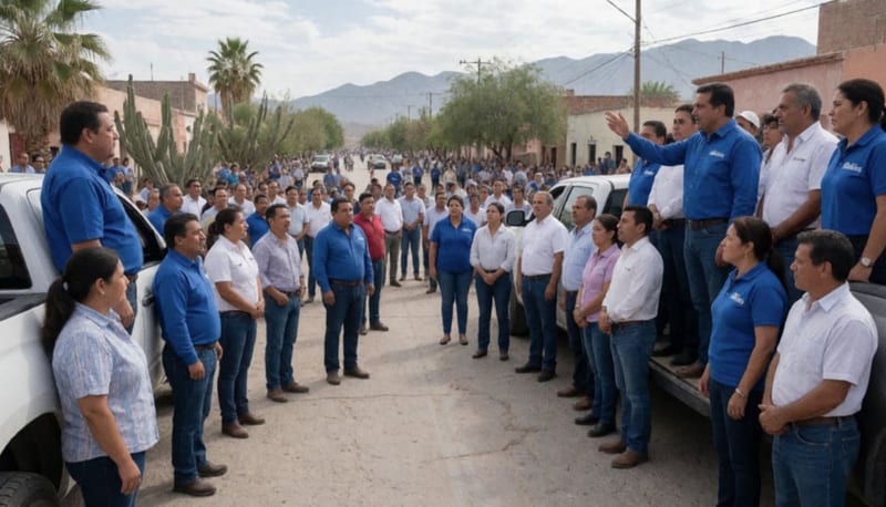 Acto político del PAN en una plaza de Delicias con militantes y líderes locales reunidos alrededor