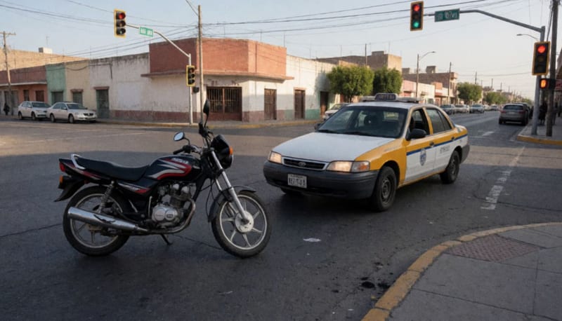 Motocicleta y taxi detenidos después de chocar en el cruce de dos calles urbanas de un municipio del norte