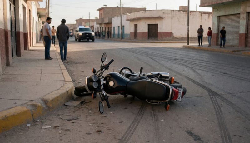 Motocicleta caída sobre el pavimento con marcas de derrapaje en una calle de la ciudad
