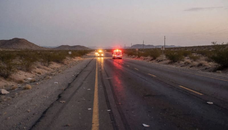 Carretera desértica con marcas de frenado en el pavimento y luces de emergencia al atardecer