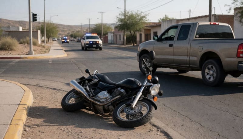 Motocicleta dañada junto a una camioneta en una intersección de calle del municipio de Camargo