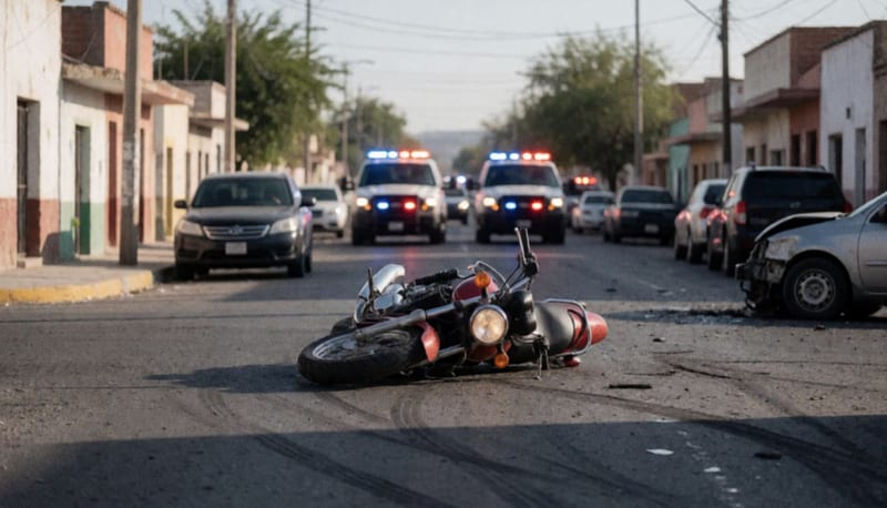 Motocicleta accidentada sobre el pavimento en una intersección urbana de Parral
