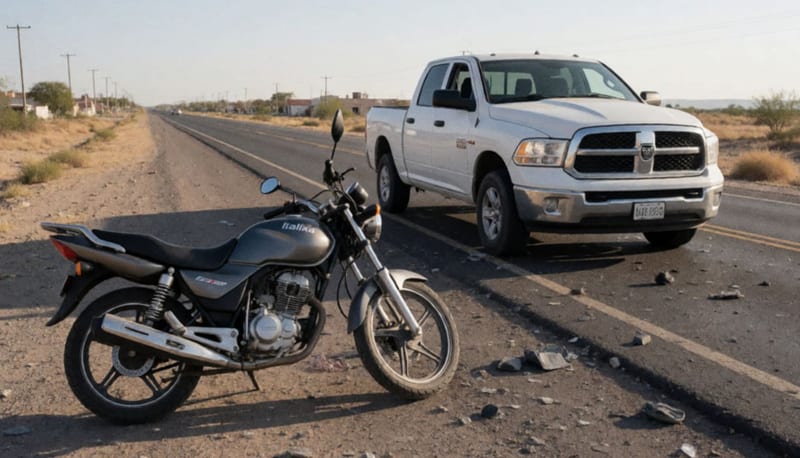 Motocicleta dañada y camioneta en una carretera del desierto con restos del choque sobre el asfalto