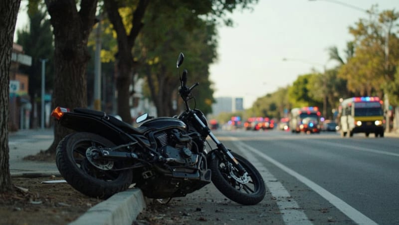 Motocicleta accidentada sobre el camellón central con luces de emergencia al fondo en una avenida urbana