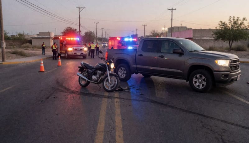 Escena de un accidente vial entre motocicleta y camioneta en una calle del centro de Parral
