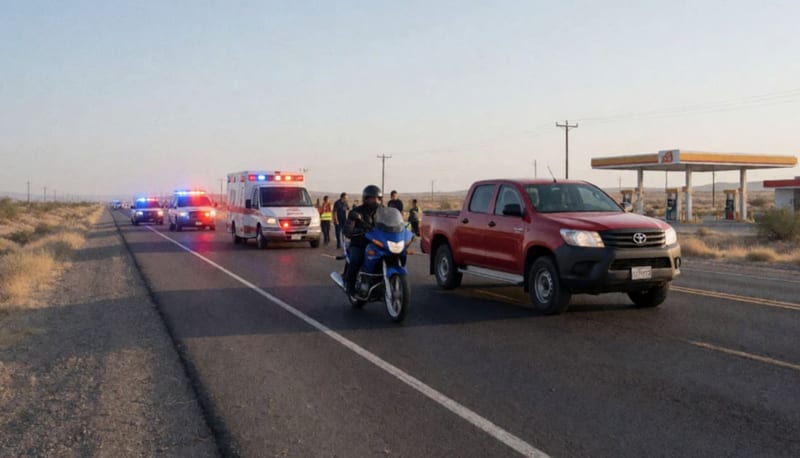 Motocicleta azul y camioneta roja después de colisionar en carretera federal con luces de emergencia activadas