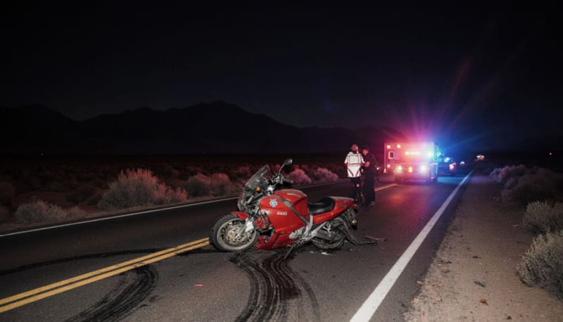Motocicleta roja volcada en carretera del desierto con luces de emergencia al fondo durante la noche