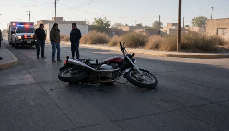 Motocicleta tendida sobre la calle en un cruce de avenidas de ciudad norteña al amanecer