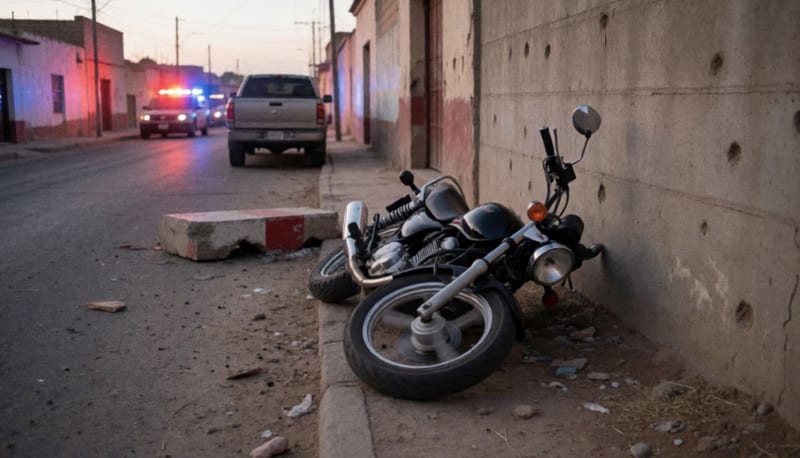 Motocicleta azul impactada contra una barda de concreto en una calle de Camargo