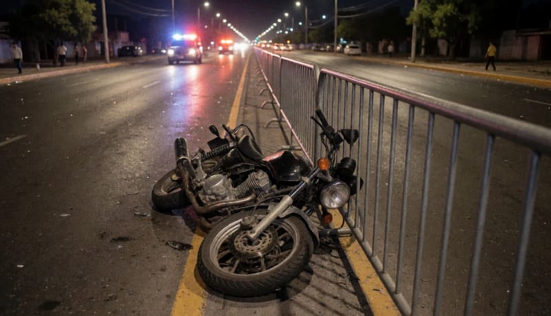 Motocicleta dañada tendida contra una valla metálica en un bulevar, con luces de emergencia iluminando la escena nocturna