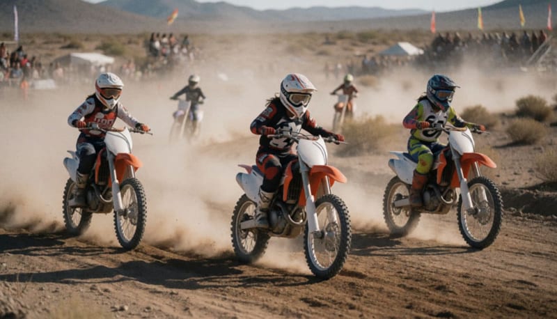 Motociclistas femeninas compitiendo en una pista de tierra del desierto, levantando nubes de polvo durante la carrera