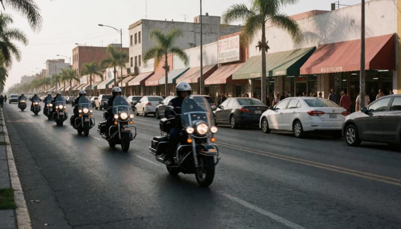 Motopatrulleros en formación recorriendo una avenida comercial de la ciudad