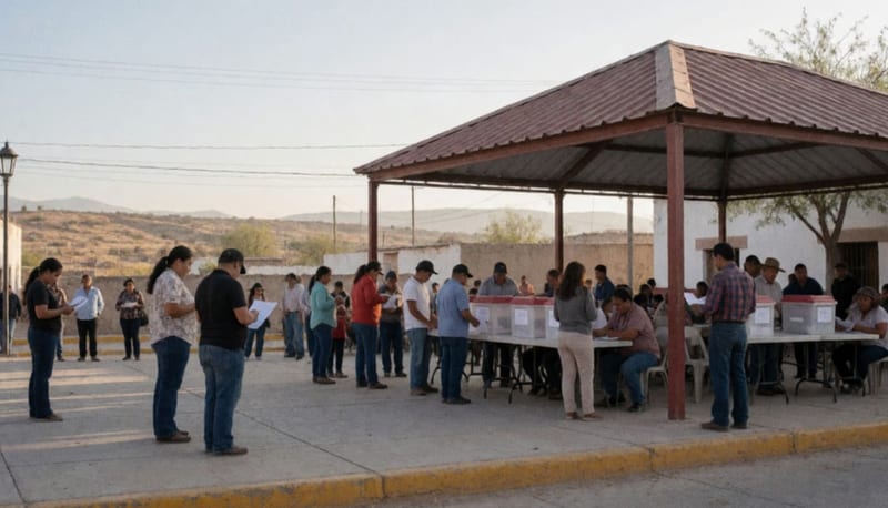 Ciudadanos reunidos en una explanada para participar en consulta pública en una localidad de Chihuahua