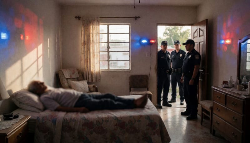 Interior de una vivienda con luces de emergencia reflejándose en las paredes y elementos de seguridad resguardando la escena
