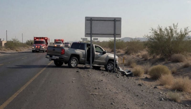 Pickup blanca impactada contra señalamiento vial en carretera desértica de Chihuahua