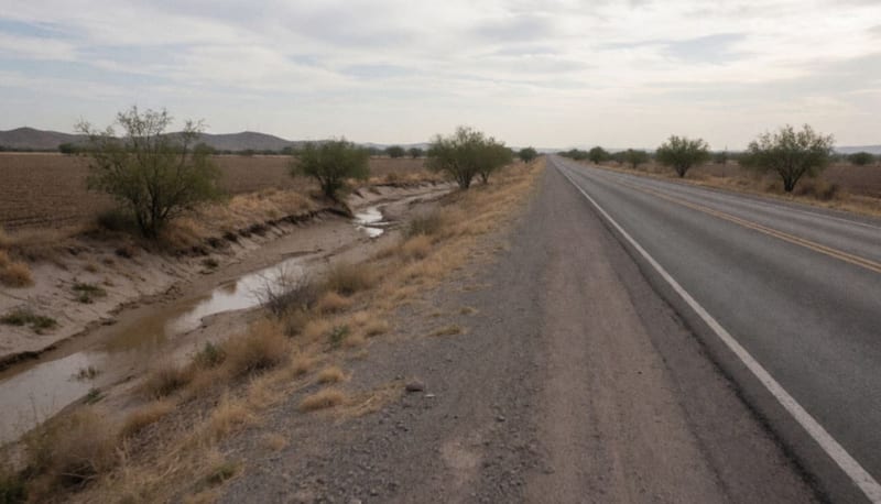 Carretera rural de dos carriles junto a un arroyo arenoso en el campo del noroeste de Chihuahua