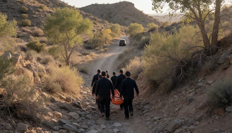 Rescatistas vistos de espalda suben por un arroyo rocoso del desierto cargando una camilla naranja bajo la luz de la tarde