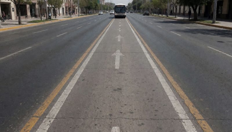 Bulevar amplio con un carril exclusivo para autobús y una unidad de transporte a lo lejos