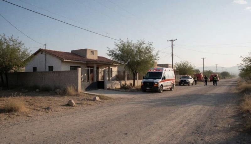 Domicilio rural en la carretera entre Rosales y Delicias con unidad de emergencia médica estacionada
