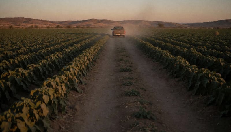 Camino de tierra entre surcos de un campo agrícola al atardecer con una camioneta a lo lejos