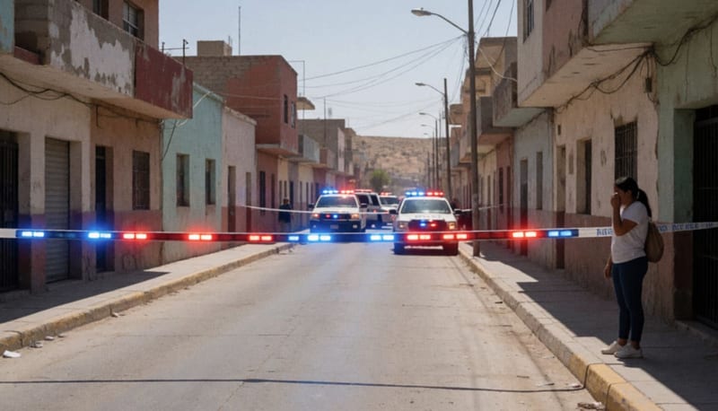 Callejón del centro de una ciudad norteña con acordonamiento policial y luces de emergencia al fondo
