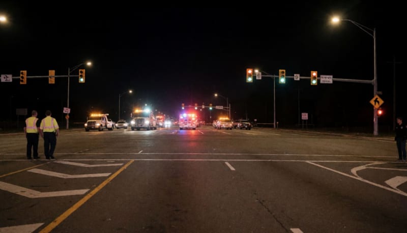 Cruce de un libramiento de noche con luces de ambulancias a lo lejos tras un accidente