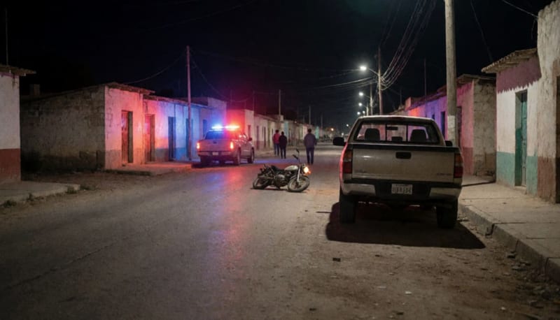 Calle de un pueblo de noche con una motocicleta destrozada junto a una camioneta estacionada bajo luces rojas y azules