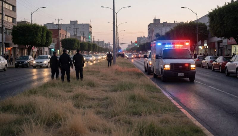 Oficiales vistos de espaldas junto a un camellón con pasto seco y luces rojas y azules sobre una avenida al amanecer