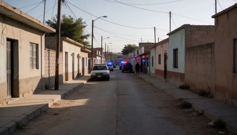 Calle residencial de Camargo con luces de emergencia reflejadas en muros y fachadas durante la tarde