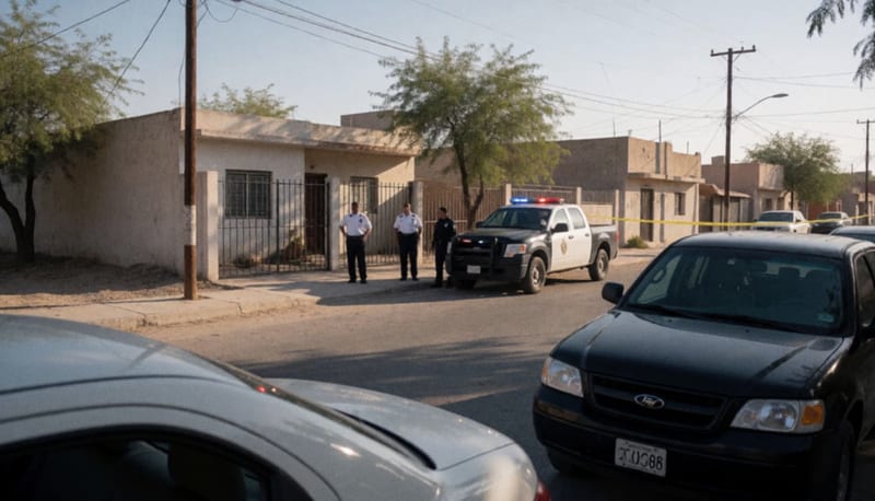 Cinta de acordonamiento policial frente a una vivienda en una calle residencial del desierto