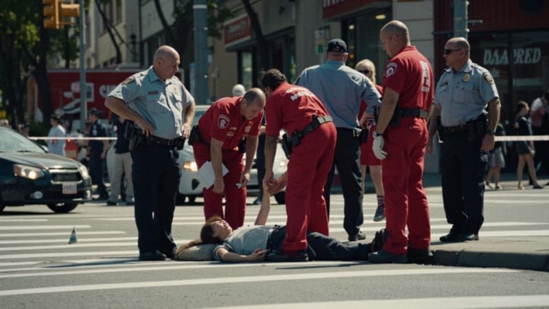 Paramédicos atendiendo a una mujer en el suelo durante una intervención de emergencia en una avenida del centro