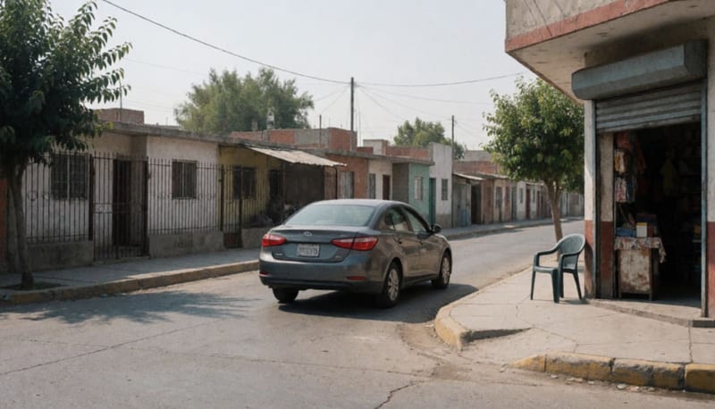 Sedán gris alejándose por una calle de barrio con casas bajas, árboles y banqueta bajo el sol de la tarde