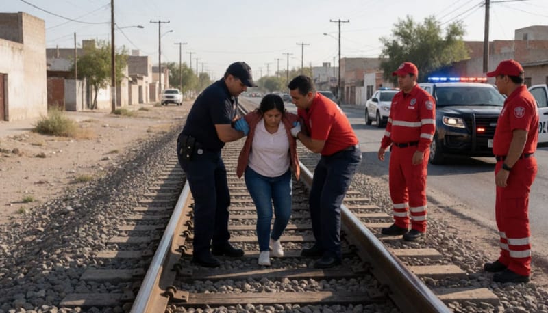 Paramédicos atendiendo a una mujer junto a las vías del tren en zona urbana durante el día