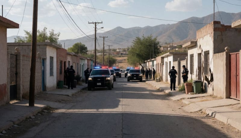 Vivienda en barrio residencial con patrullas y personal de seguridad en el exterior