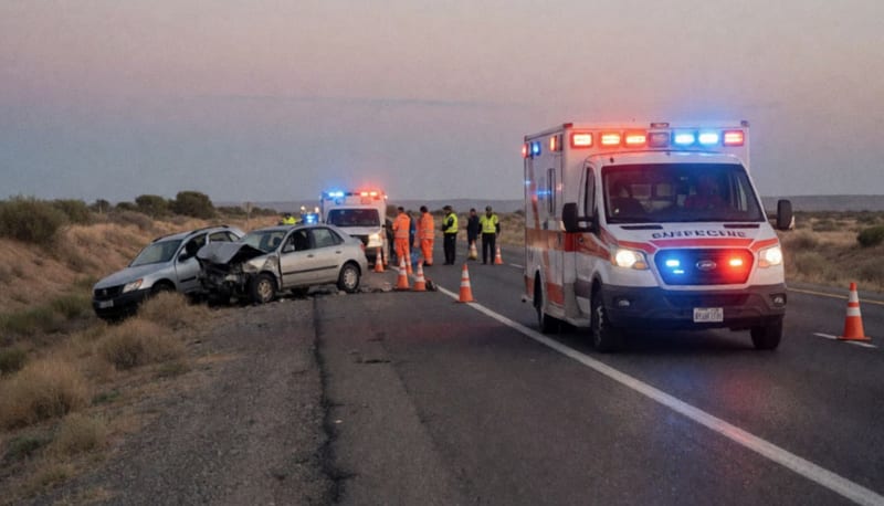 Ambulancia con luces activadas en una carretera rural junto a vehículos accidentados, con personal de emergencias trabajando en el sitio