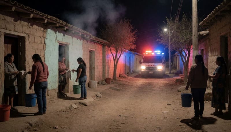 Vecinos con trapos y cubetas frente a una casa humilde de noche con luces de ambulancia al fondo