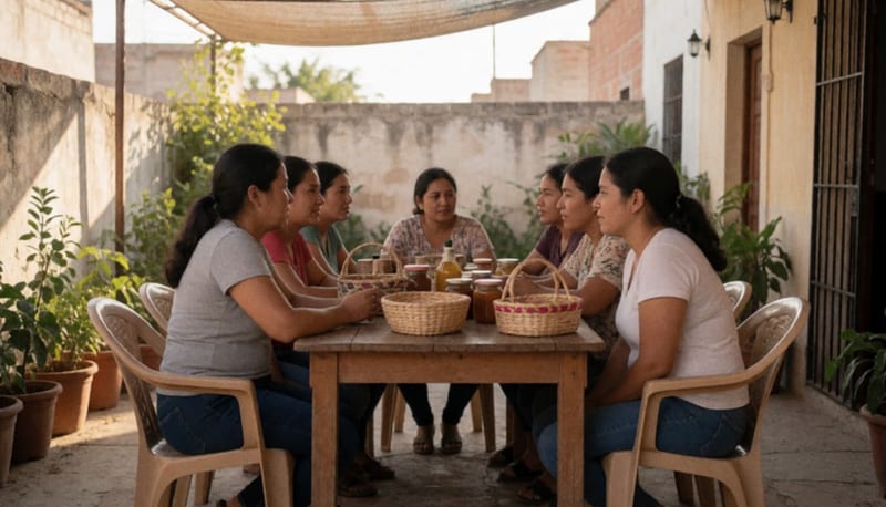 Mujeres conversando alrededor de una mesa de madera con artesanías y conservas en un patio sombreado al atardecer