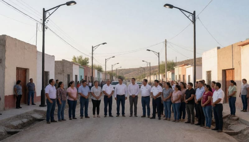 Vecinos y autoridades junto a lámparas recién instaladas en una avenida de la colonia con trabajos de infraestructura de drenaje visibles
