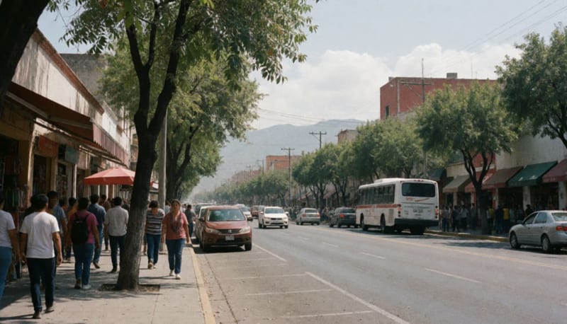 Avenida concurrida de una ciudad del norte de México con peatones, árboles, autos y montañas al fondo