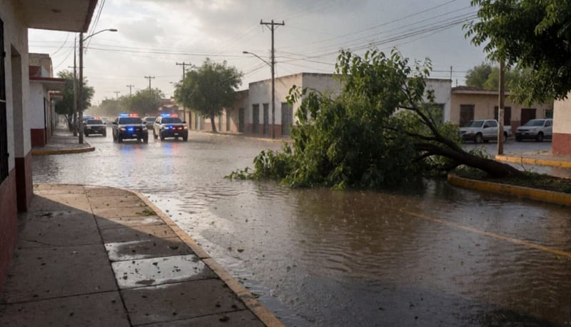 Intersección inundada en Delicias con un árbol caído sobre la banqueta durante las lluvias