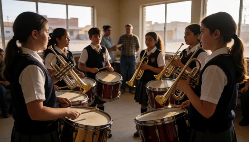 Estudiantes con tambores y cornetas en un centro comunitario durante entrega de instrumentos musicales