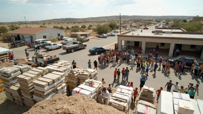 Familias reciben materiales de construcción en un estacionamiento de Delicias bajo el sol del mediodía
