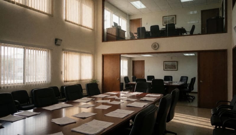Sala de juntas vacía con mesa rectangular y sillas alrededor, documentos sobre la superficie, luz natural de las ventanas